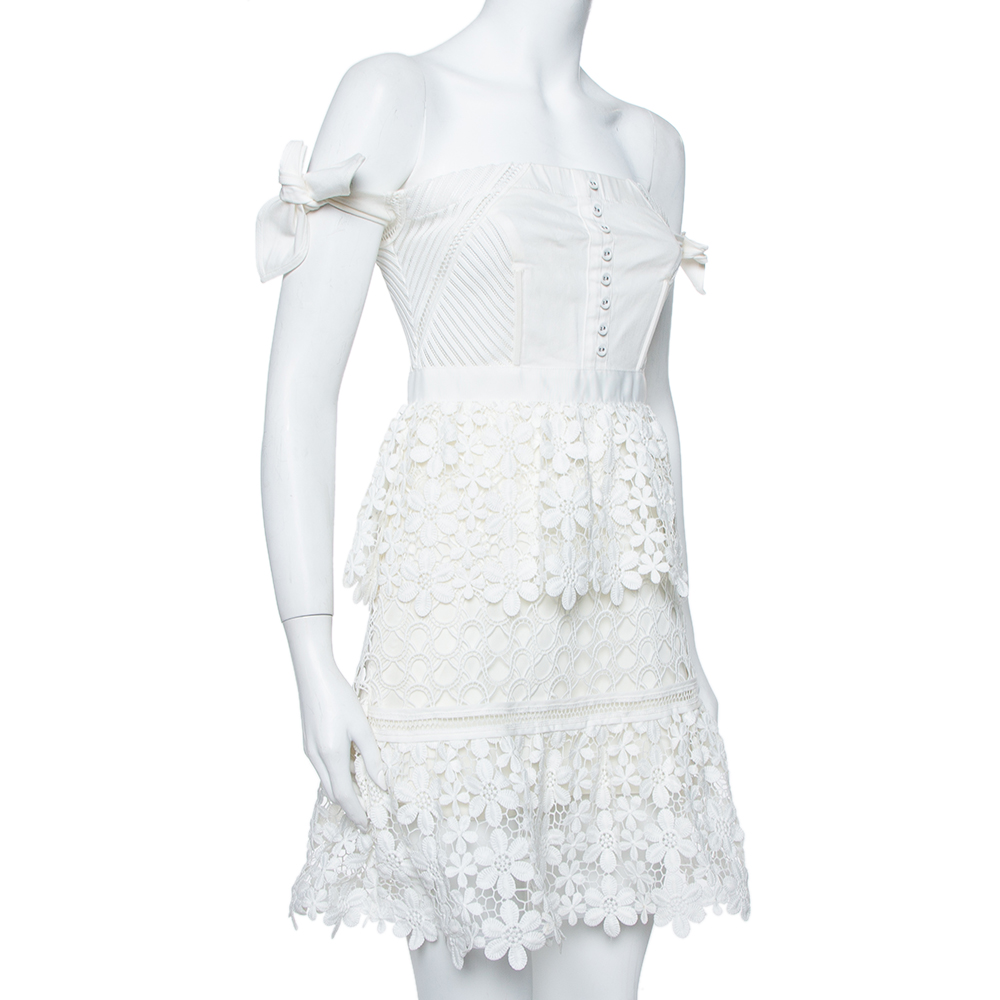 

Self Portrait White Lace Tiered Off Shoulder Mini Dress