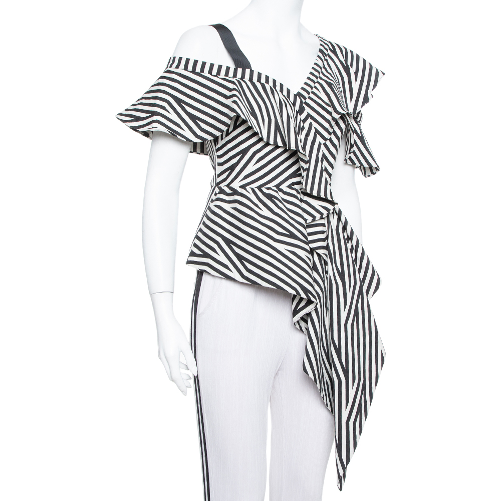 

Self Portrait Monochrome Striped Stretch Cotton Asymmetric Top, Black