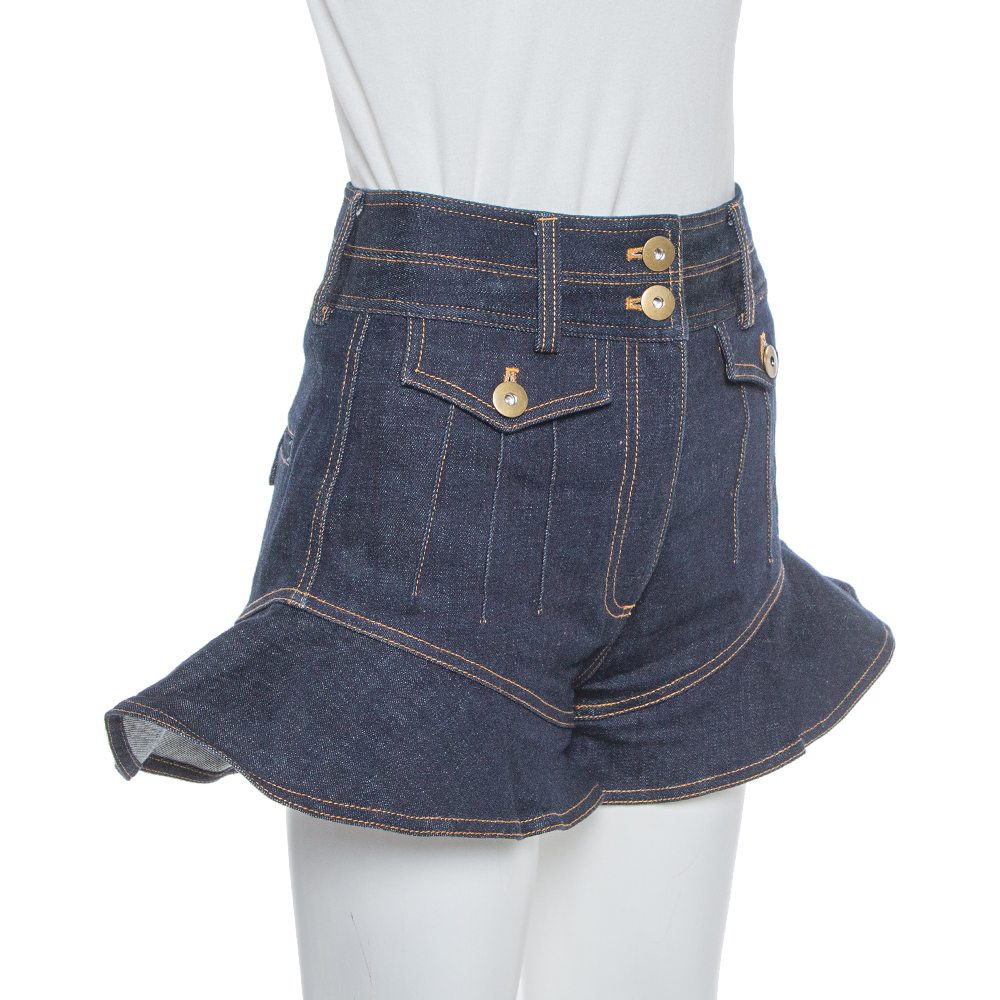 

Self Portrait Navy Blue Denim High Waist Flounced Shorts