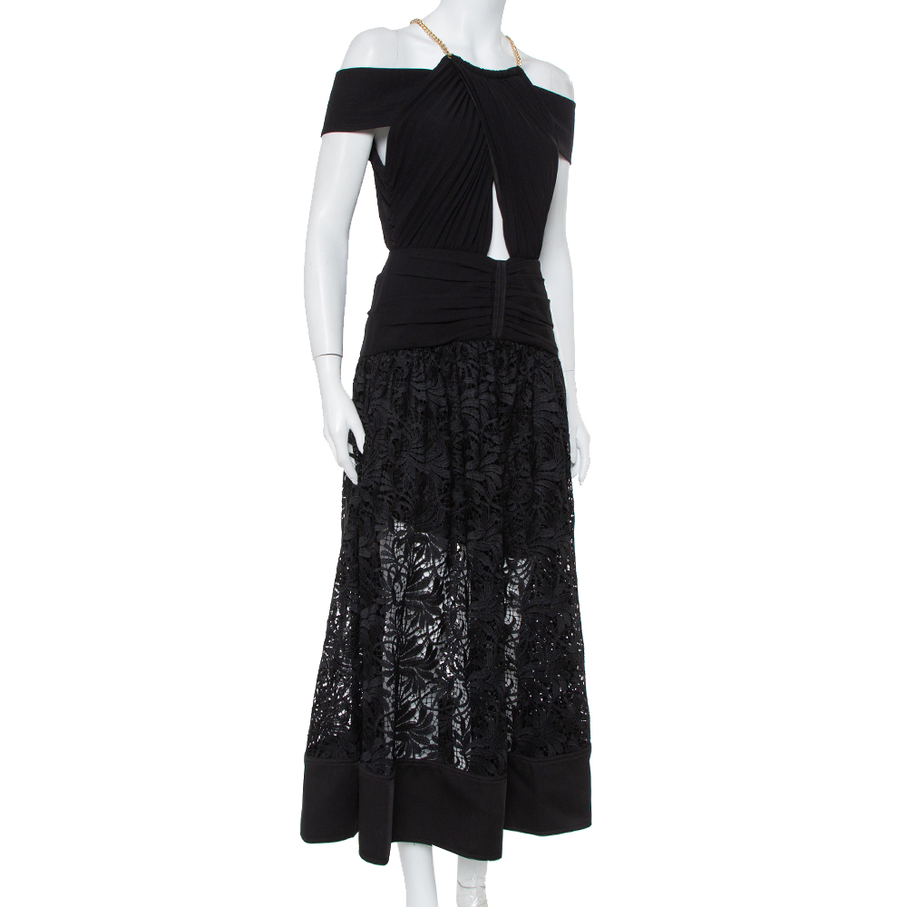 

Self Portrait Black Crepe & Lace Chain Neck Detail Cold Shoulder Midi Dress
