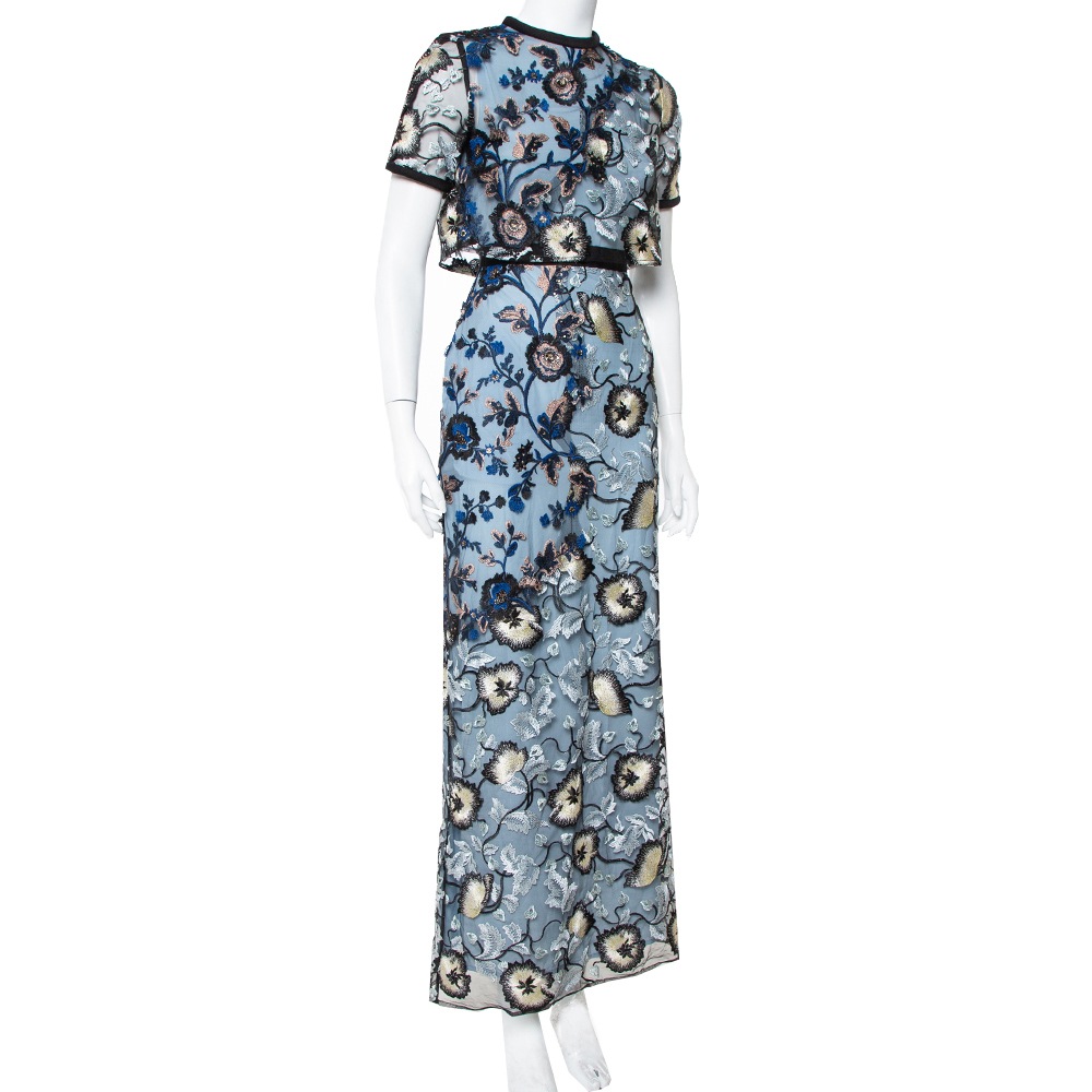 

Self Portrait Blue Floral Embroidered Layered Florentine Maxi Dress