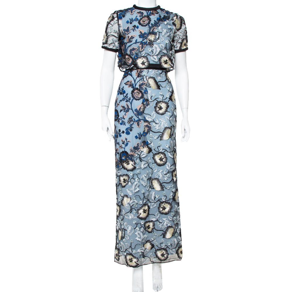 Pre-owned Self-portrait Self Portrait Blue Floral Embroidered Layered Florentine Maxi Dress M