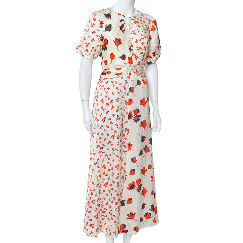 

Self-Portrait Cream Floral Printed Silk Satin Midi Dress