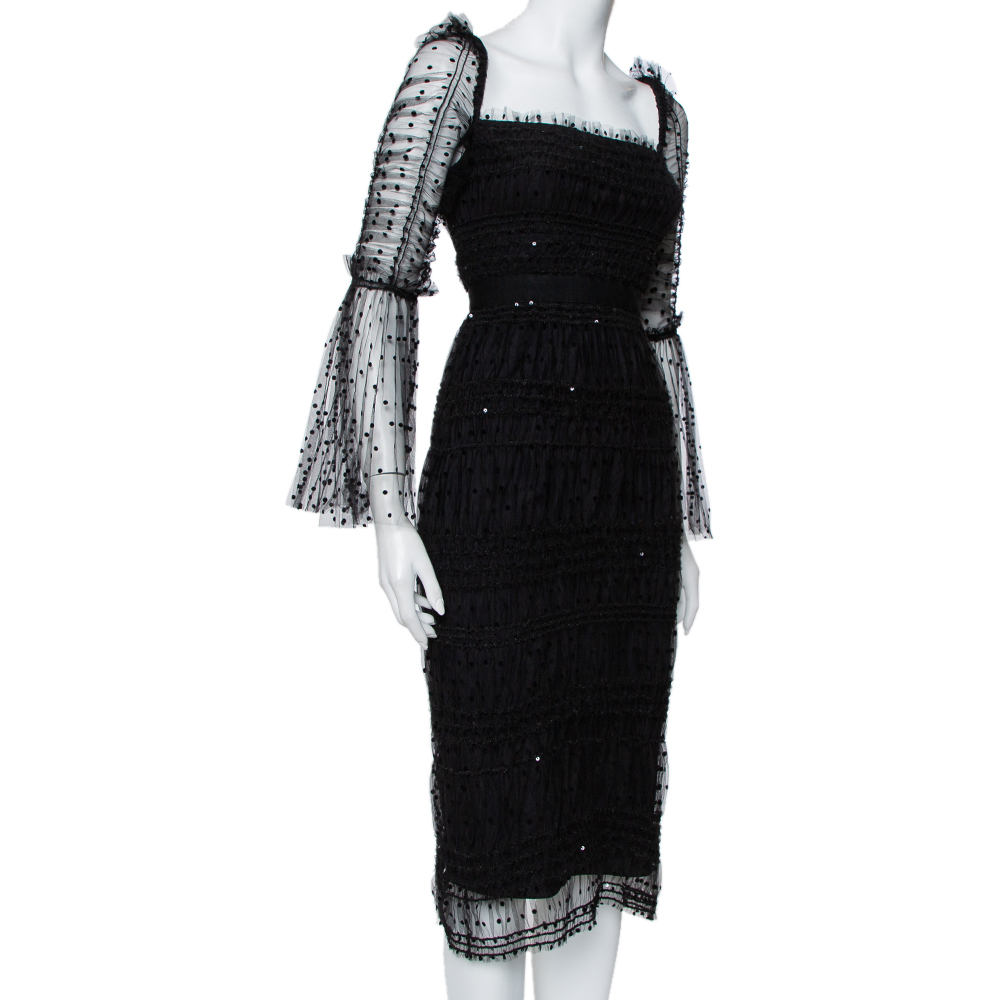 

Self-Portrait Black Polka Dot Tulle Sequin Embellished Ruched Midi Dress
