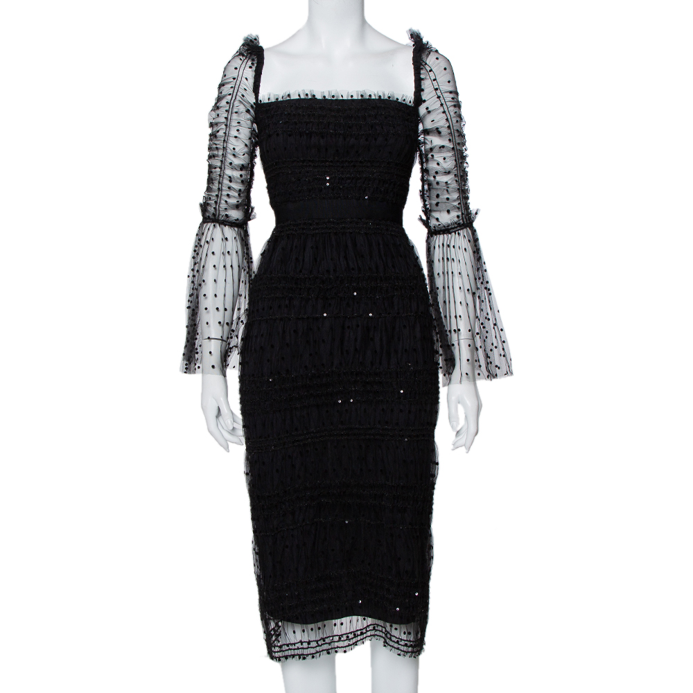 Pre-owned Self-portrait Black Polka Dot Tulle Sequin Embellished Ruched Midi Dress S