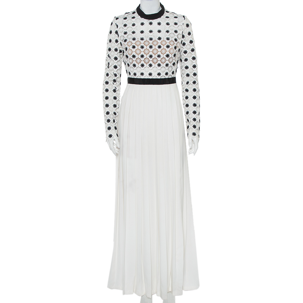 Pre-owned Self-portrait Monochrome Lace & Pleated Crepe High Neck Maxi Dress M In White