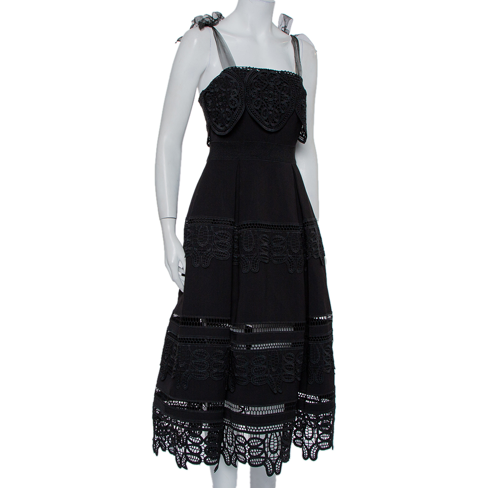 

Self-Portrait Black Crepe Lace Tie Shoulder Detail Midi Dress