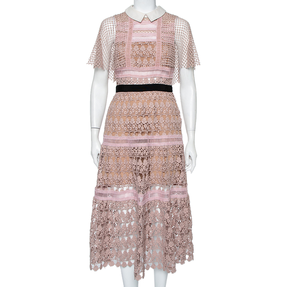 Pre-owned Self-portrait Pale Pink Guipure Lace Cape Sleeve Detail Collared Midi Dress M
