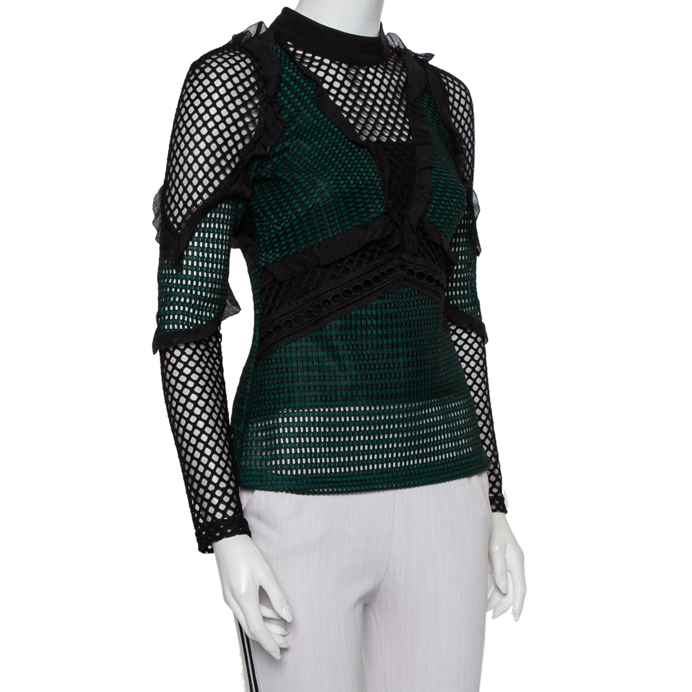 

Self Portrait Green & Black Mesh Ruffle Trim Detail Top