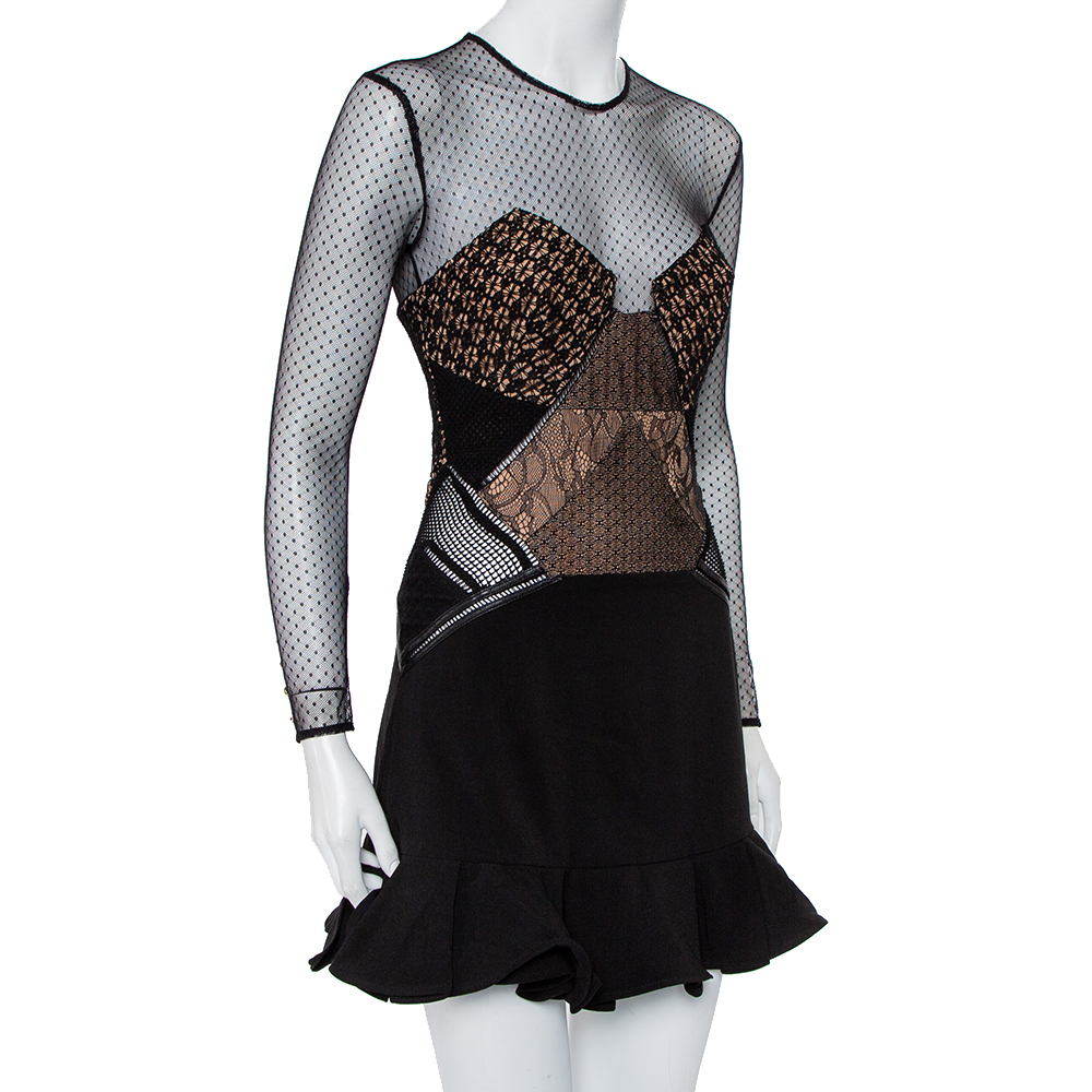 

Self-Portrait Black Lace & Crepe Paneled Ruffle Detail Mini Dress