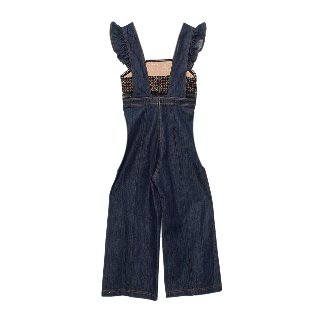

Self Portrait Navy Blue Denim & Lace Ruffle Sleeve Wide Leg Jumpsuit