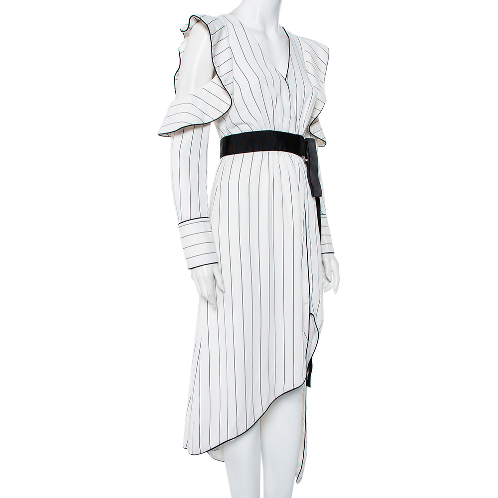 

Self Portrait White Striped Crepe Ruffled belted Midi Dress