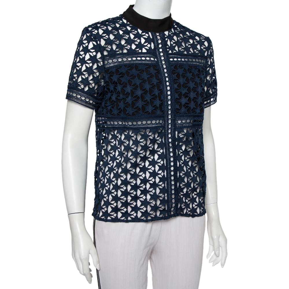 

Self-Portrait Navy Blue Star Pattern Guipure Lace Sheer Top