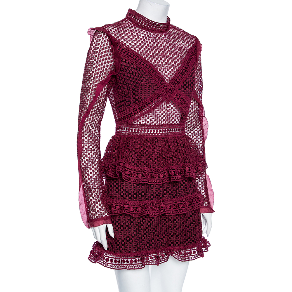 

Self-Portrait Burgundy Guipure Lace Sheer Detail Tiered Mini Dress