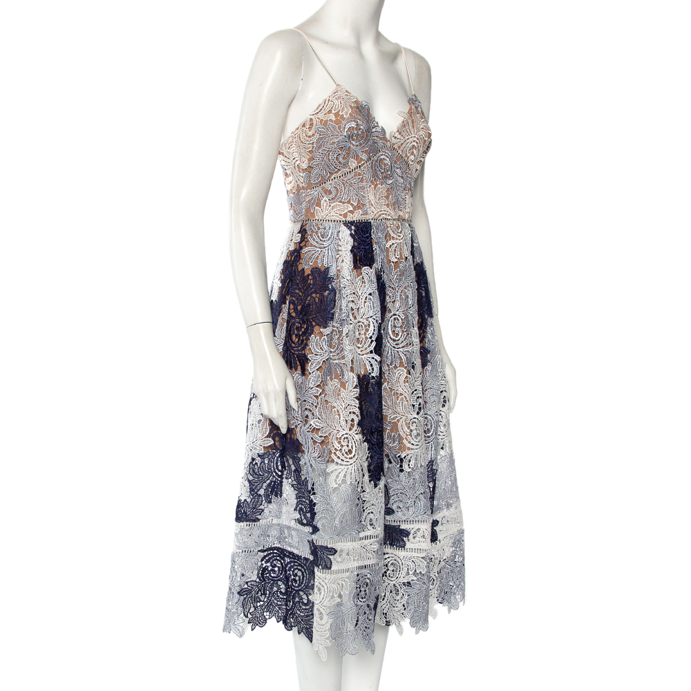 

Self Portrait Navy Blue & White Lace Sleeveless Camellias Midi Dress