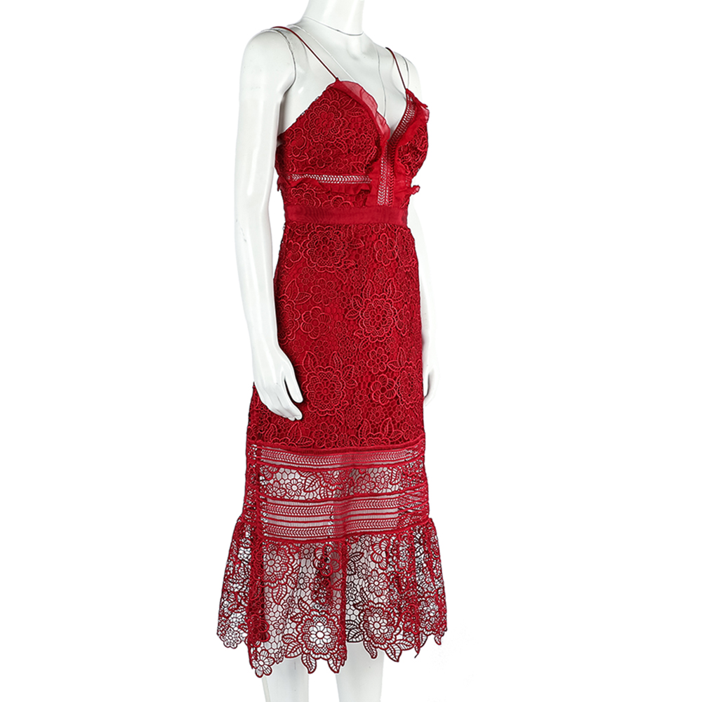 

Self Portrait Red Floral Lace Sleeveless Midi Dress