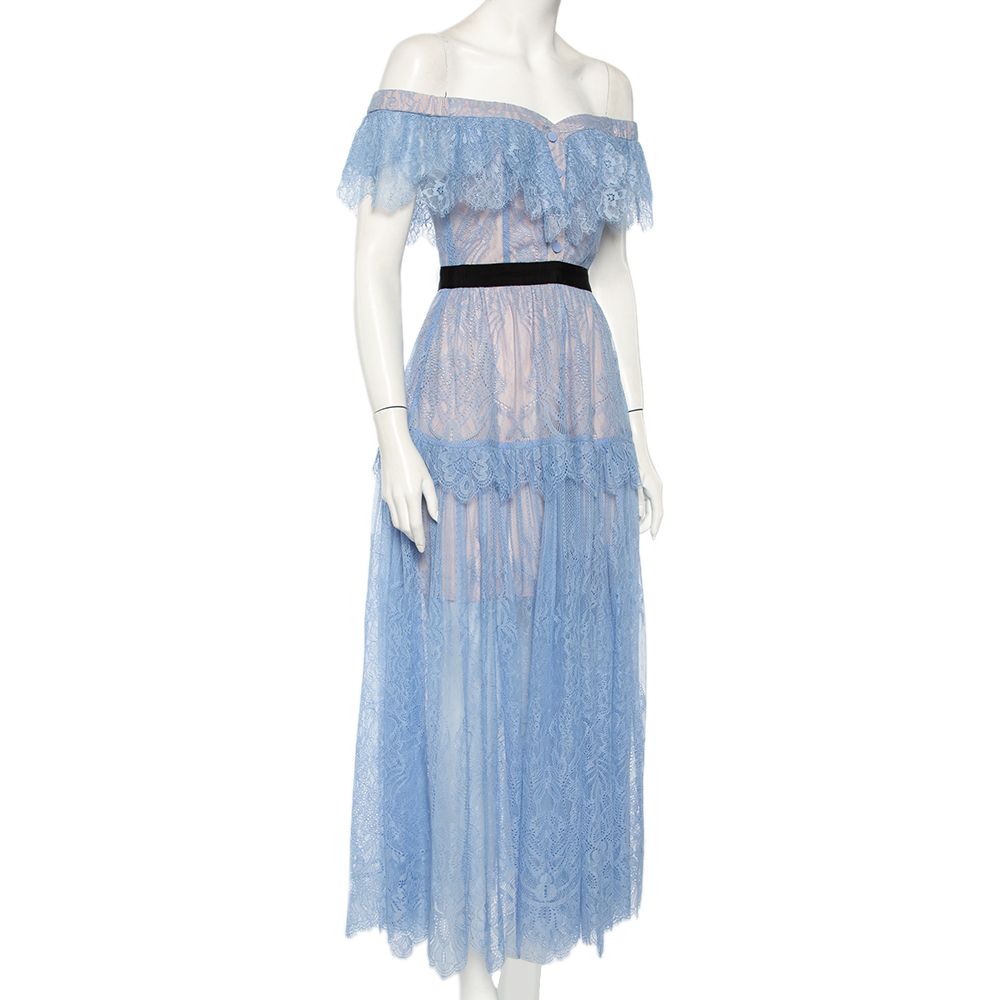 

Self-Portrait Blue Lace Off Shoulder Tiered Maxi Dress