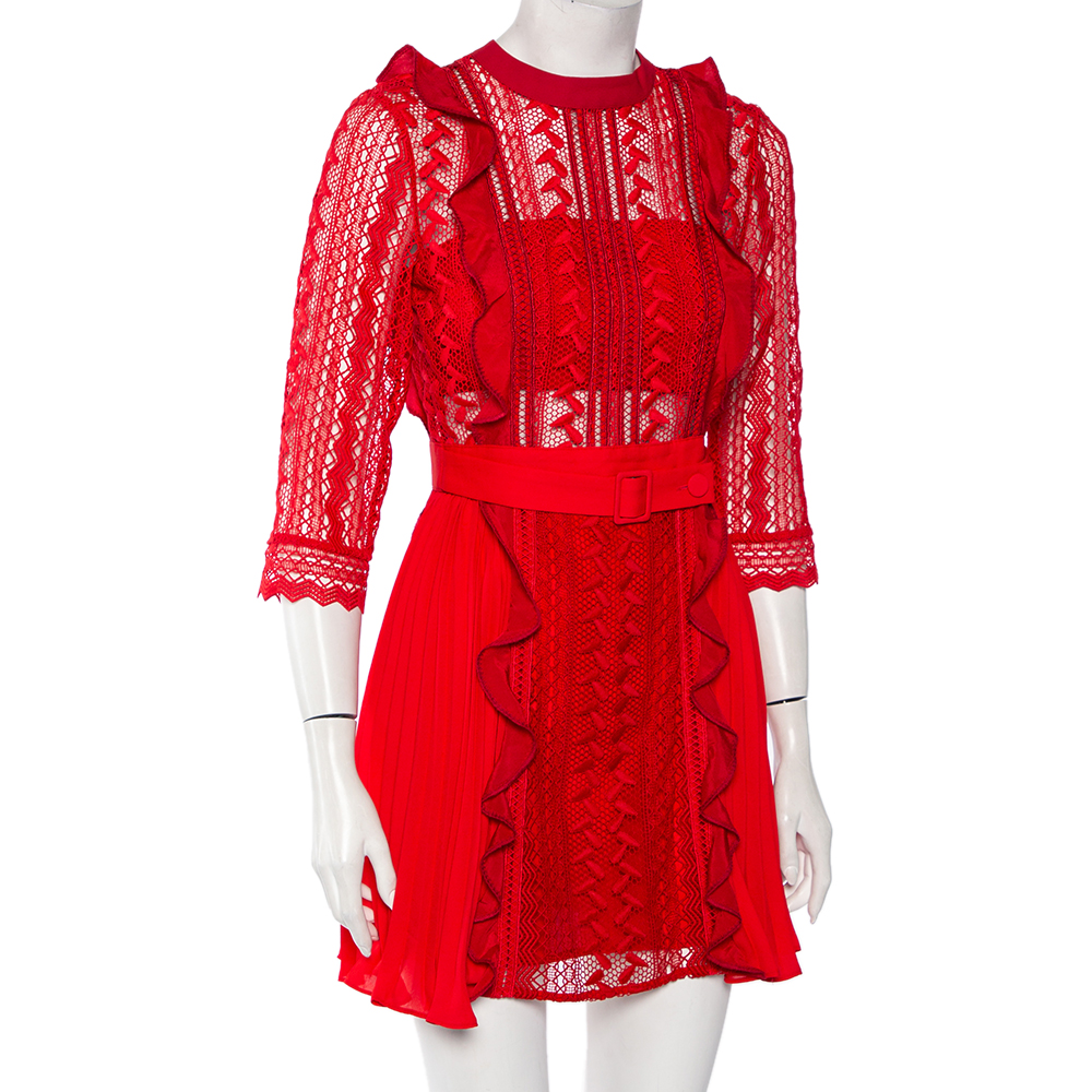 

Self-Portrait Red Guipure Lace Ruffled Trim Belted Mini Dress