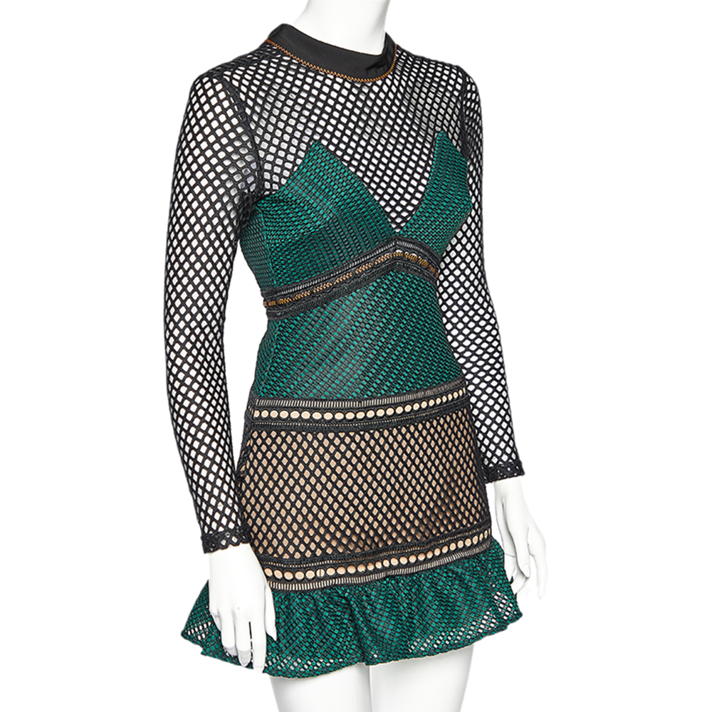 

Self-Portrait Dark Green Mesh & Tulle Paneled Mini Dress