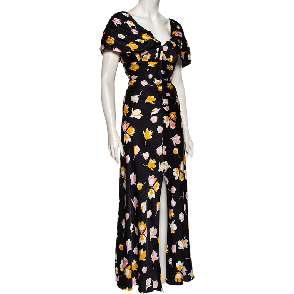 

Self-Portrait Midnight Blue Floral Printed Crepe De Chine Off-Shoulder Maxi Dress, Navy blue