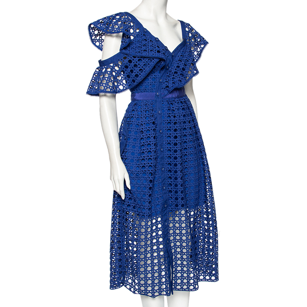 

Self-Portrait Blue Crochet Lace One Shoulder Ruffled Midi Dress