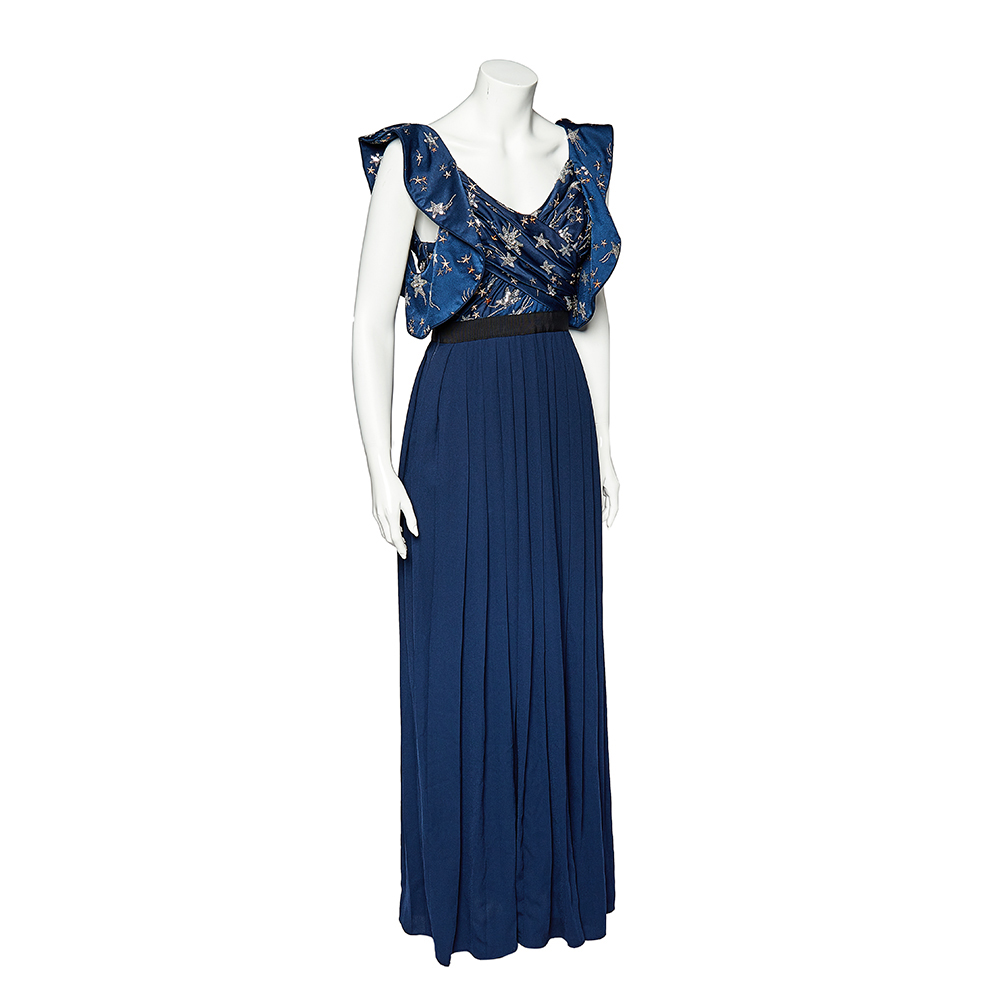 

Self-Portrait Navy Blue Star Sequin Embellished Slit Detal Pleated Maxi Dress