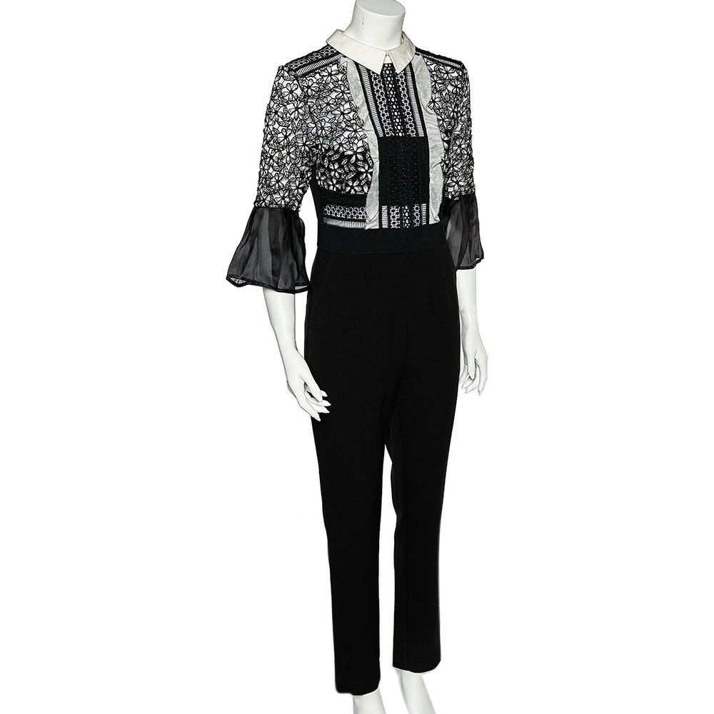 

Self-Portrait Black & White Lace Bodice Bell Sleeve Jumpsuit