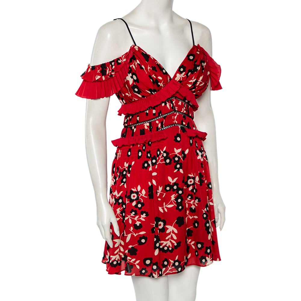 

Self-Portrait Red Floral Printed Crepe Ruffle Detailed Cold Shoulder Mini Dress