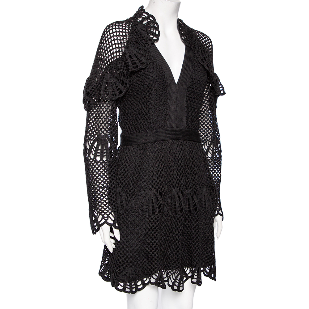 

Self-Portrait Black Crochet Knit Frill Detailed Long Sleeve Short Dress