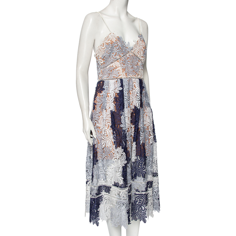 

Self-Portrait Navy Blue & White Guipure Lace Pleated Camellias Dress