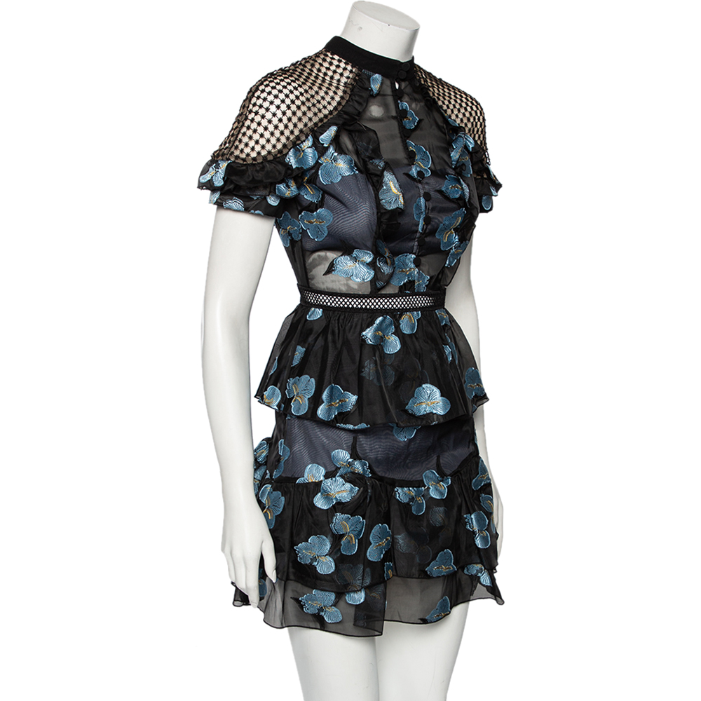 

Self-Portrait Black & Blue Floral Fil Coupe Cut-Out Back Ruffled Dress