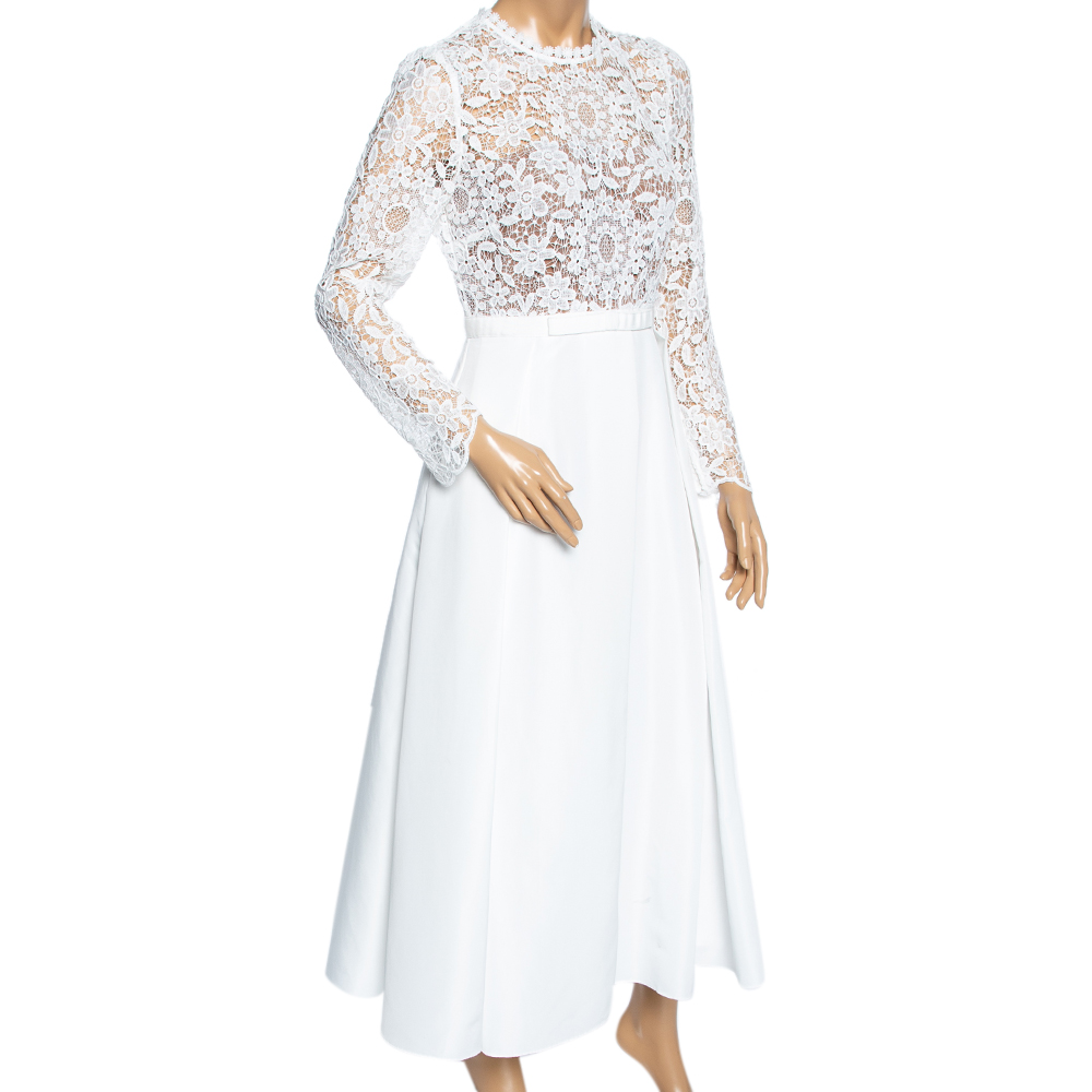 

Self-Portrait White Guipure Lace & Taffeta Pleated Midi Dress