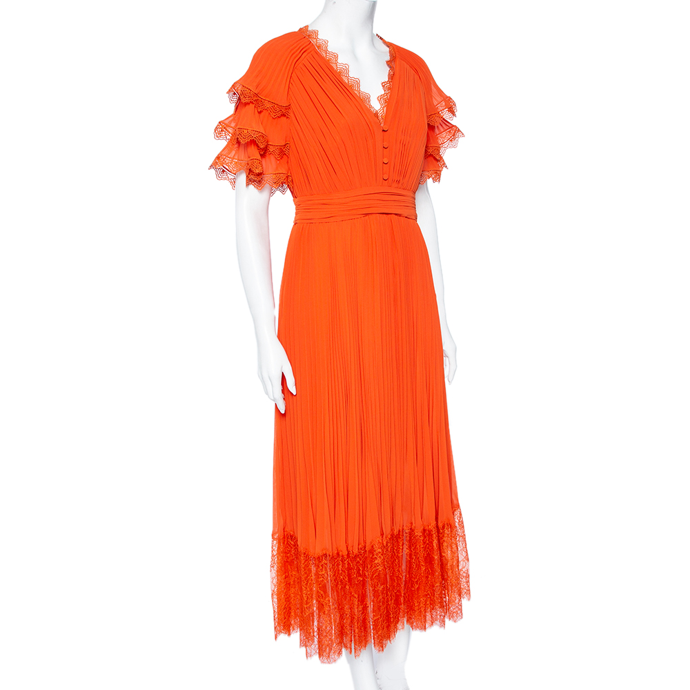 

Self-Portrait Orange Chiffon & Lace Trimmed Pleated Midi Dress