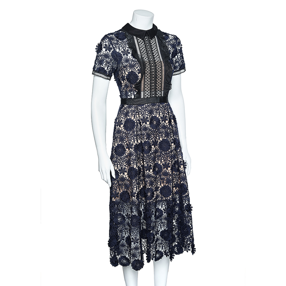 

Self-Portrait Navy Blue Floral Guipure Lace Midi Dress