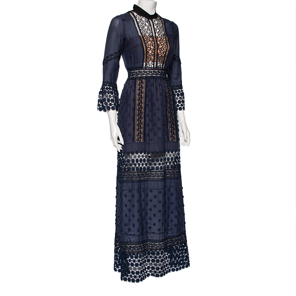 

Self-Portrait Navy Blue Cotton & Guipure Lace Floral Appliqued Dress