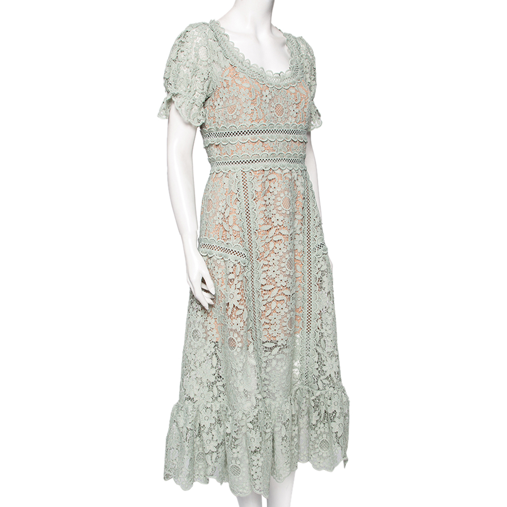 

Self-Portrait Pistachio Green Guipure Lace Midi Dress