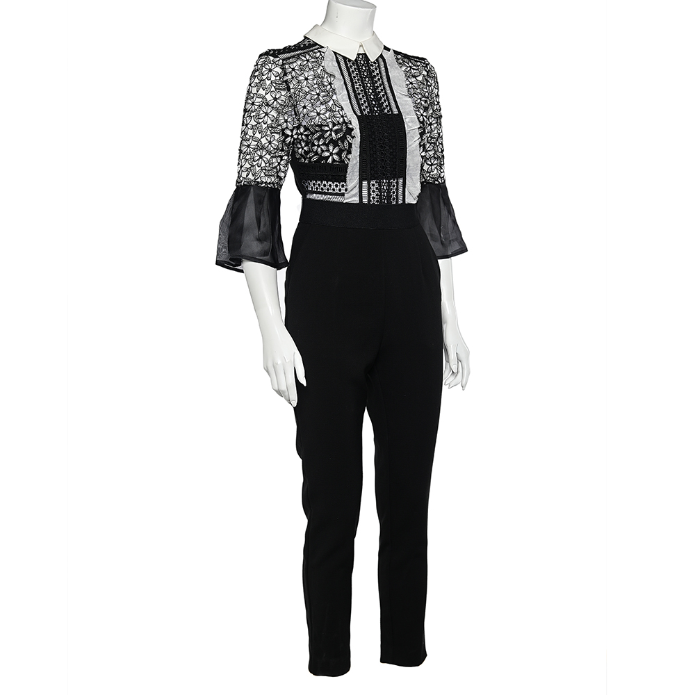 

Self-Portrait Black & White Lace Bodice Bell Sleeve Jumpsuit