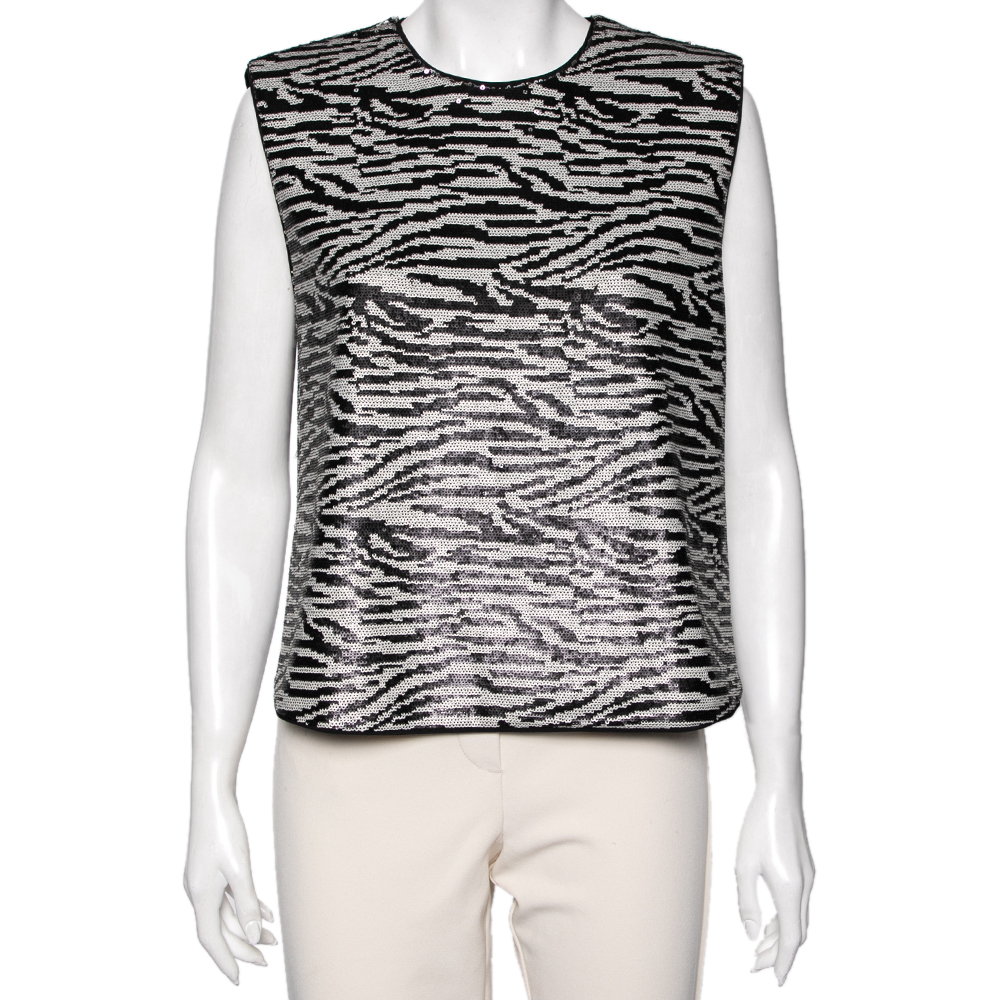 

Self Portrait Monochrome Zebra Pattern Sequin Embellished Sleeveless Top, Black