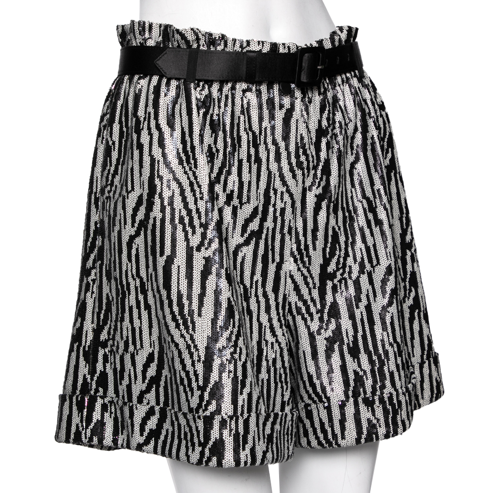 

Self-Portrait Monochrome Zebra Patterned Sequin Embellished Belted Shorts, Black