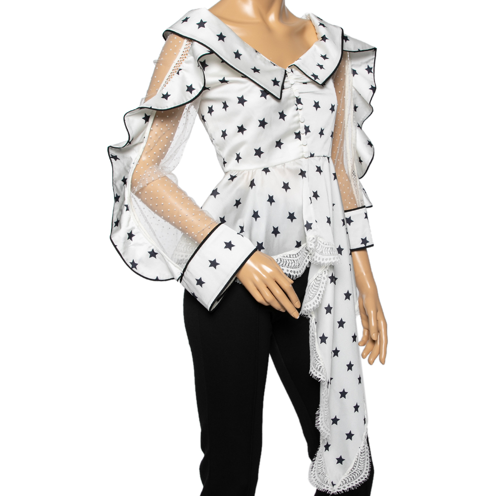 Self-Portrait White Star Printed Satin & Lace Trimmed Asymmetrical Blouse S  - buy with discount