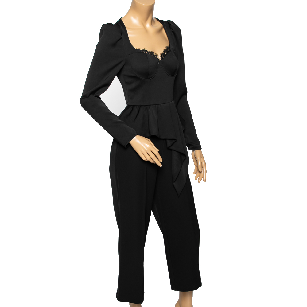 

Self-Portrait Black Crepe Lace Trimmed Peplum Pleated Detail Jumpsuit