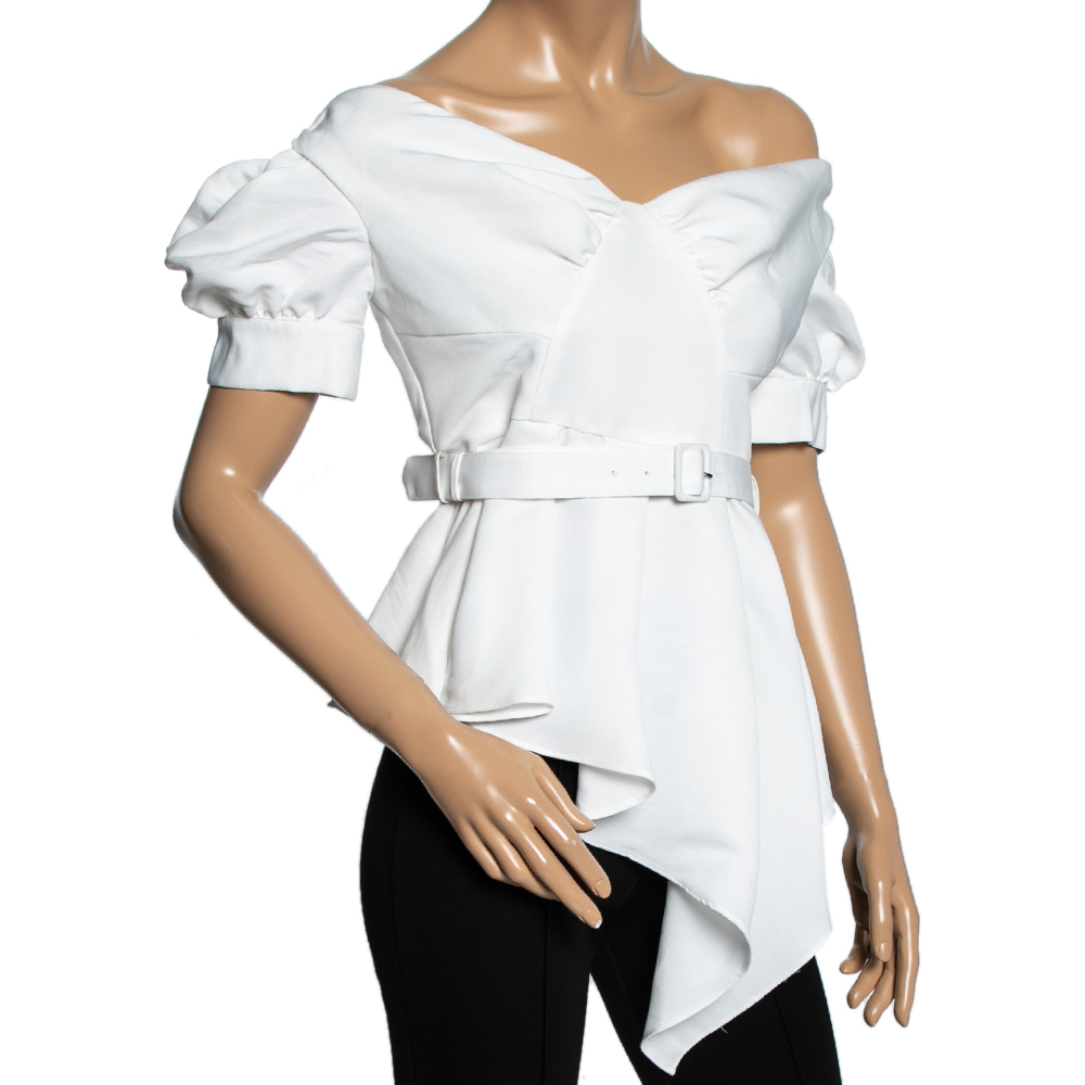 

Self-Portrait White Twill Off Shoulder Belted Ottoman Top