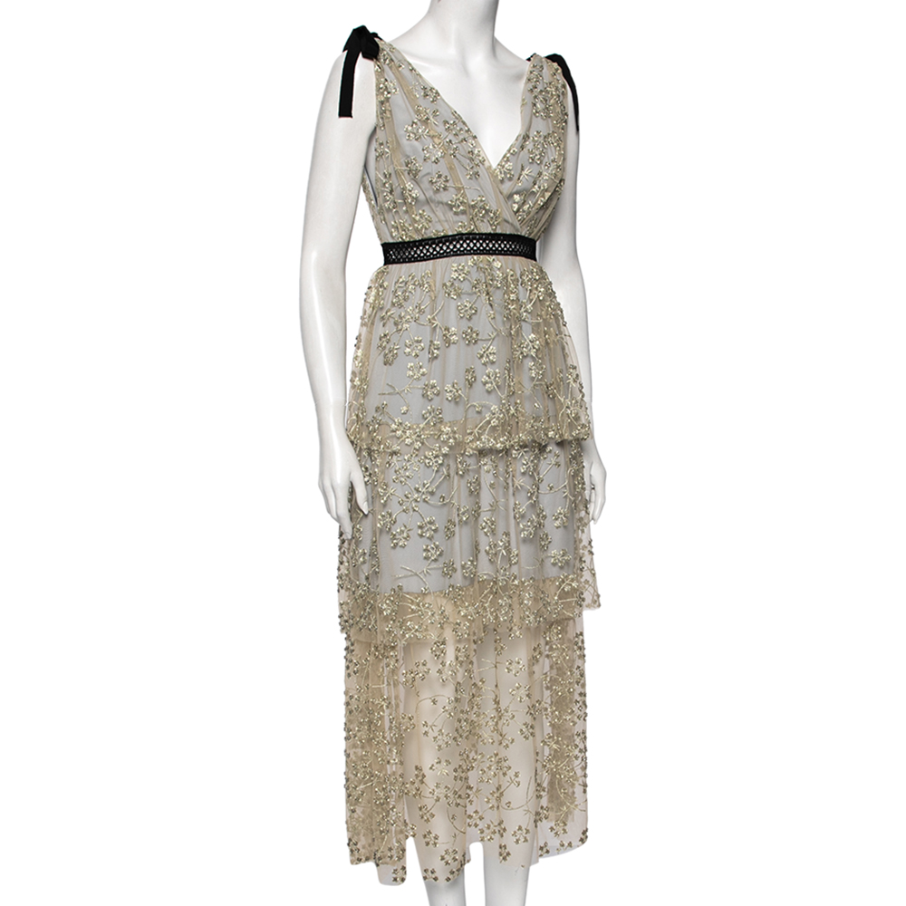 

Self-Portrait Grey & Gold Embroidery Embellished Tulle V-Neck Midi Dress, Metallic