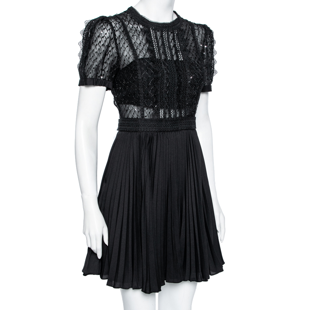 

Self-Portrait Black Mesh Sequin Embellished Puff Sleeve Mini Dress
