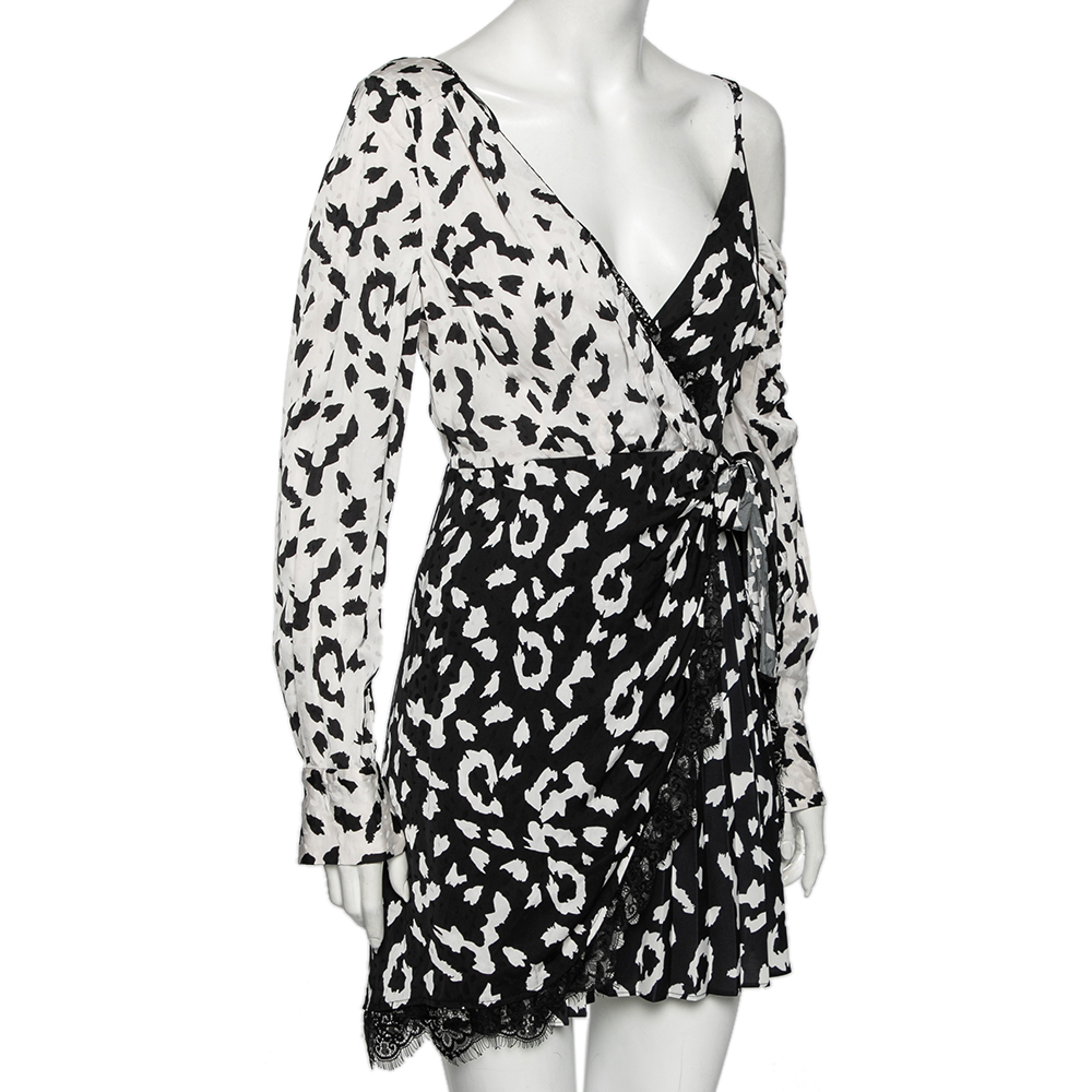 

Self-Portrait Black-White Leopard Printed Crepe De Chine Lace Trim Wrap Dress