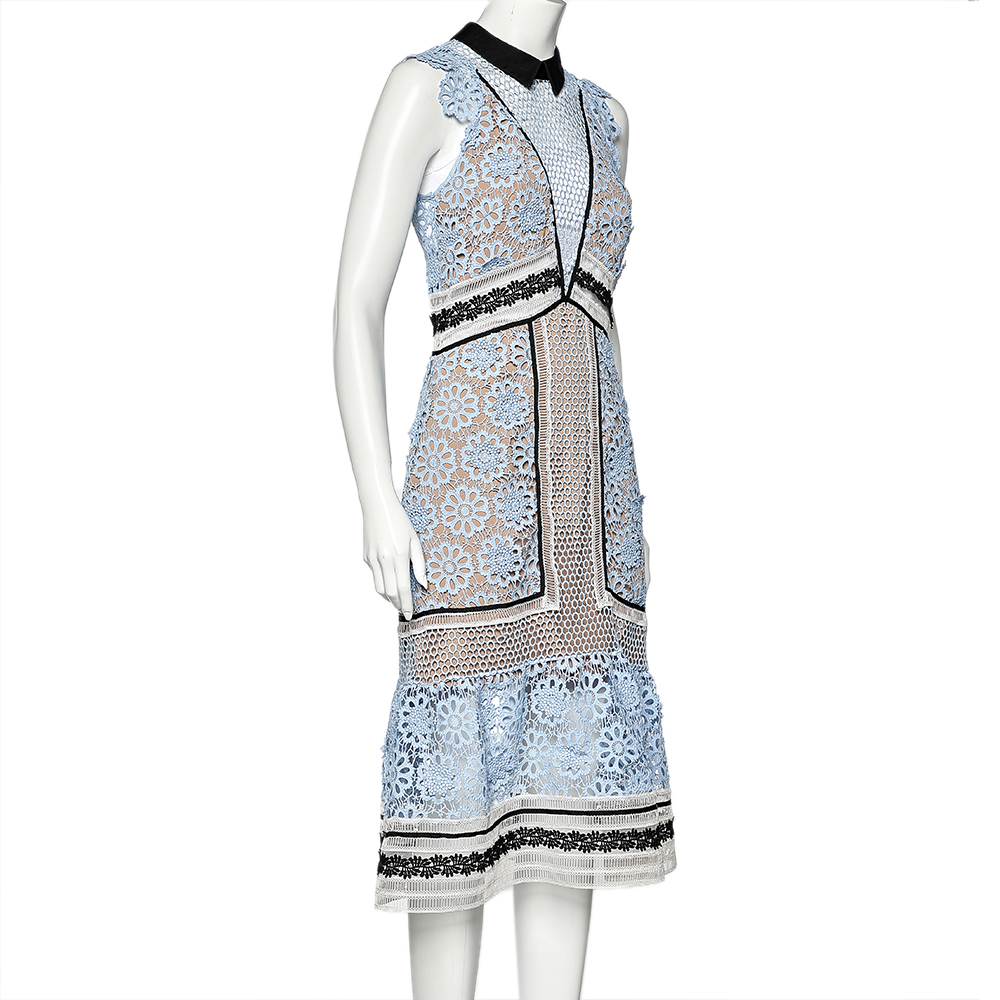 

Self-Portrait Blue Guipure Lace Sleeveless Midi Dress