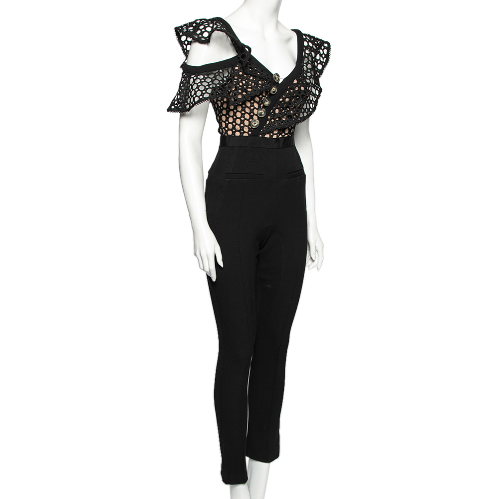 

Self-Portrait Black Guipure Lace & Knit Short Sleeve Jumpsuit