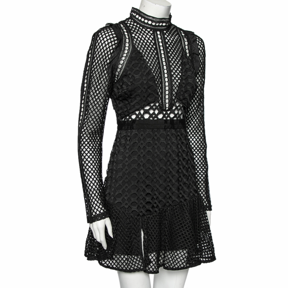 

Self-Portrait Black Guipure Lace Ruffle Trim Detailed Long Sleeve Dress