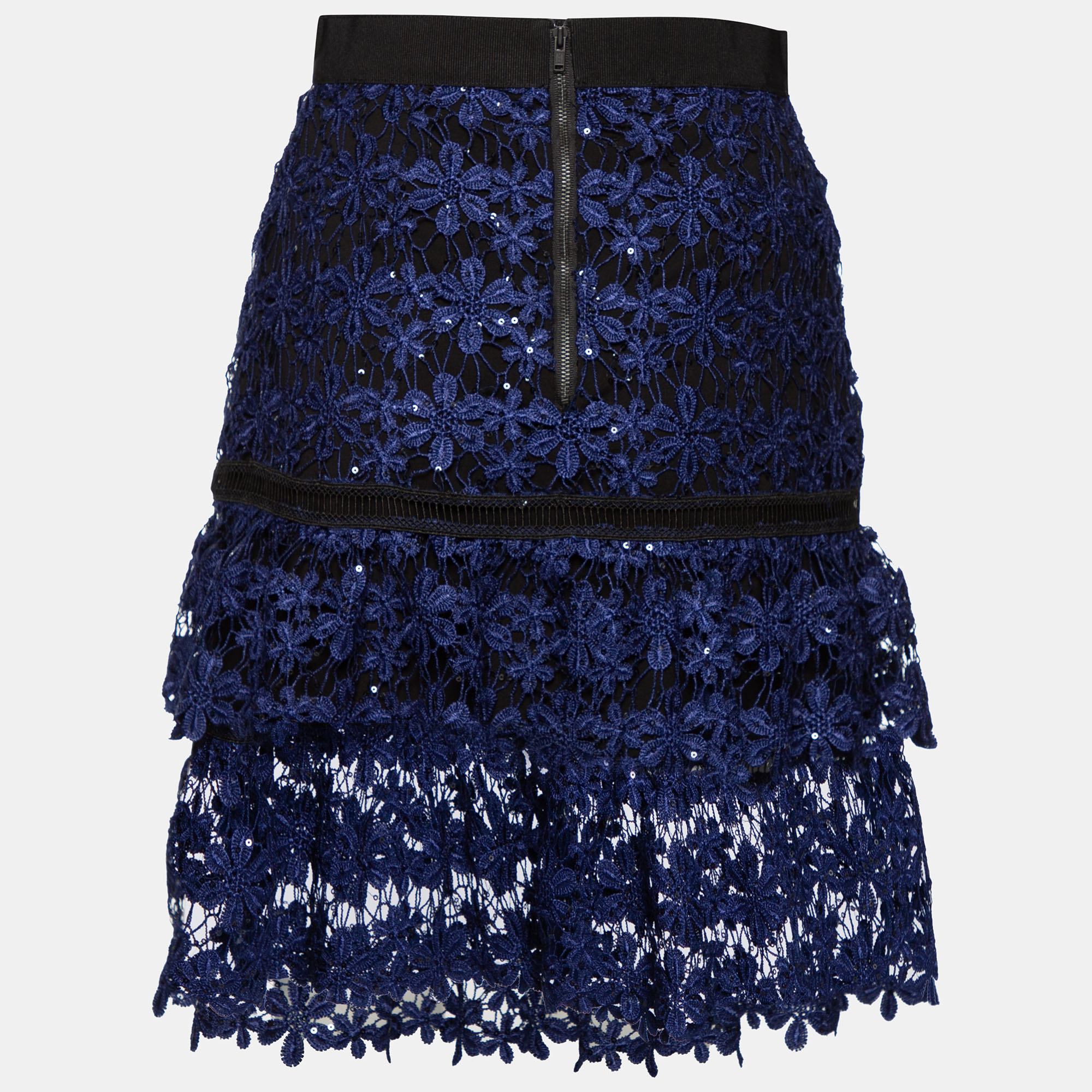 

Self-Portrait Blue Floral Guipure Lace Sequin Embellished Tiered Skirt