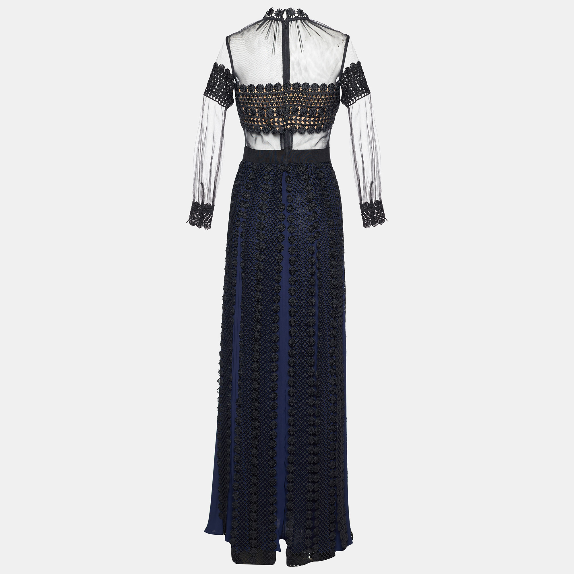 

Self-Portrait Black and Blue Crepe Sheer Panels and Overlay Maxi Dress